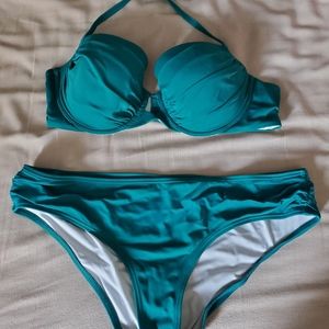 Victoria's Secret teal green ruched underwire bikini 36D top L/XL bottom